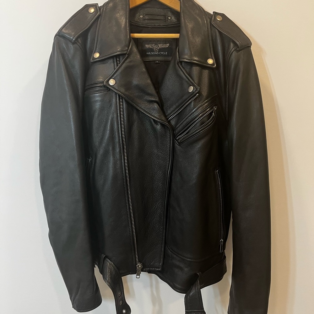 Wilsons Cycle Black Leather Biker Jacket LARGE Motorcycle Removable Liner NWOT